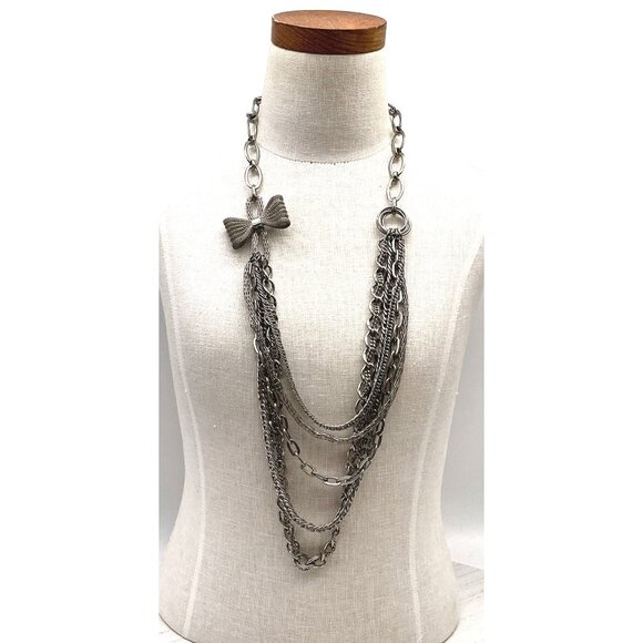 Layered Silver-Tone Chain Statement Necklace With Mesh Bow Pendant & Lobster Cla - Picture 2 of 5